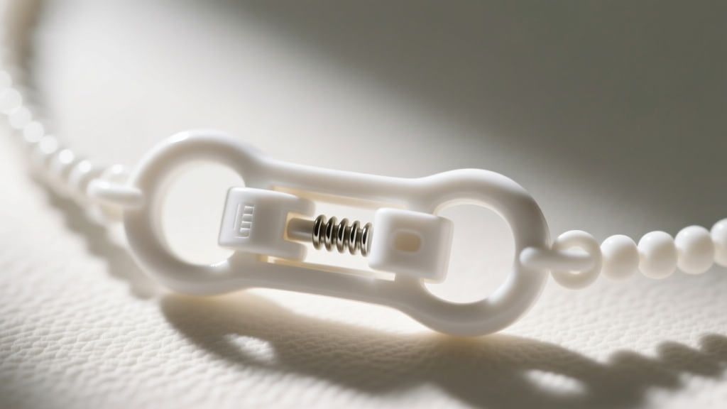 Close-up of a white plastic breakaway safety clasp on a baby necklace, showing the interlocking mechanism releasing under pressure
