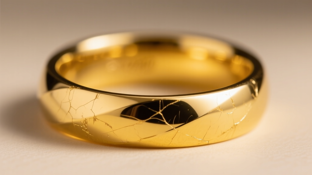 Macro shot of a bent 9999 gold ring band showing stress marks and surface scuffing on the soft, ultra-pure yellow metal surface.