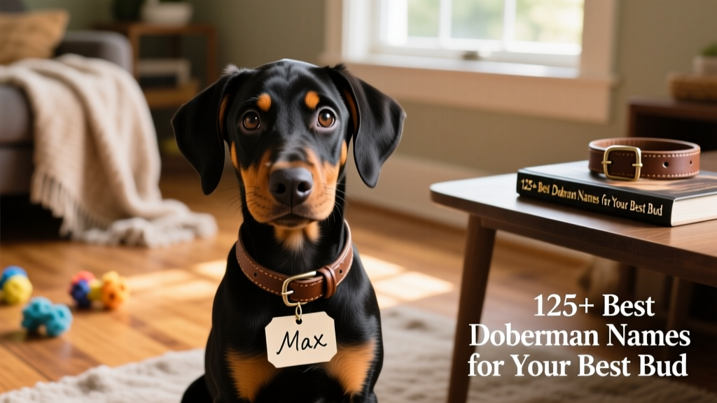 A curious Doberman puppy gazing directly at the camera with soft, expressive eyes