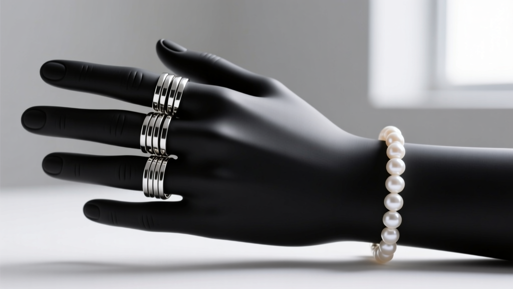 Matte black silicone mannequin hand displaying stacked silver midi rings and a delicate pearl tennis bracelet resting on the wrist