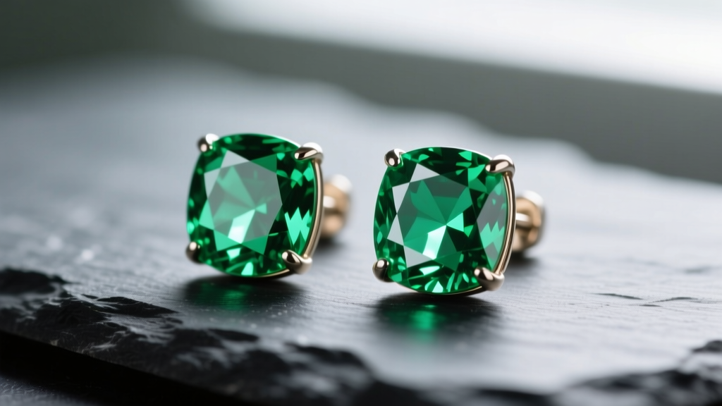 Macro shot of bezel-set tsavorite green gemstone earrings on dark slate, highlighting vivid color and bright metallic luster