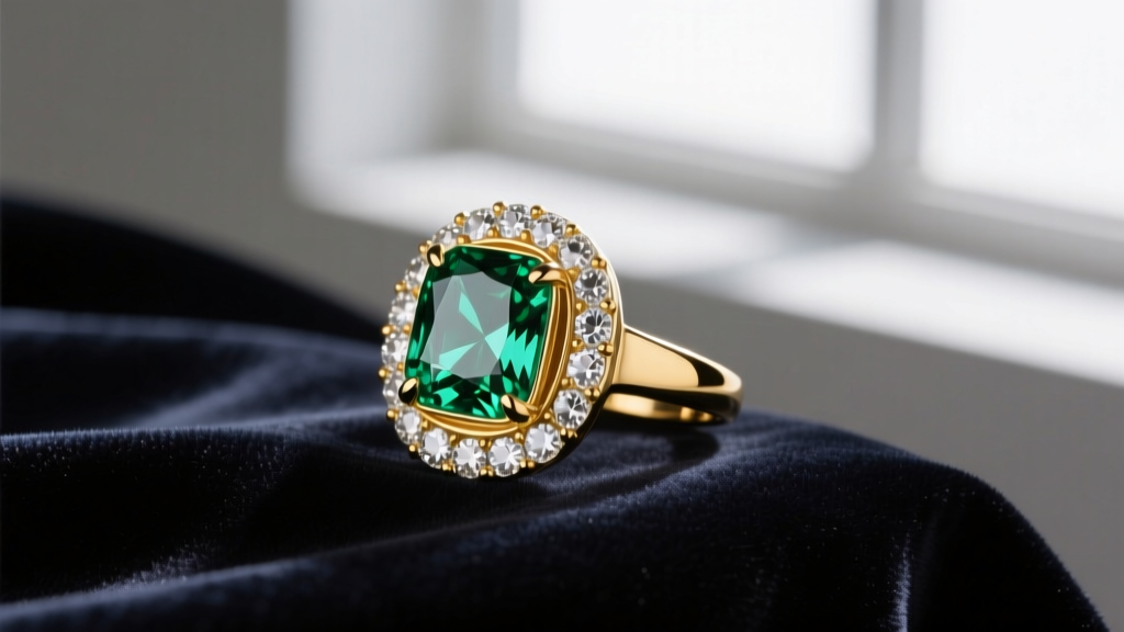 A 1950s gold-plated cocktail ring with an emerald-cut glass center stone and clear rhinestones on dark velvet fabric.