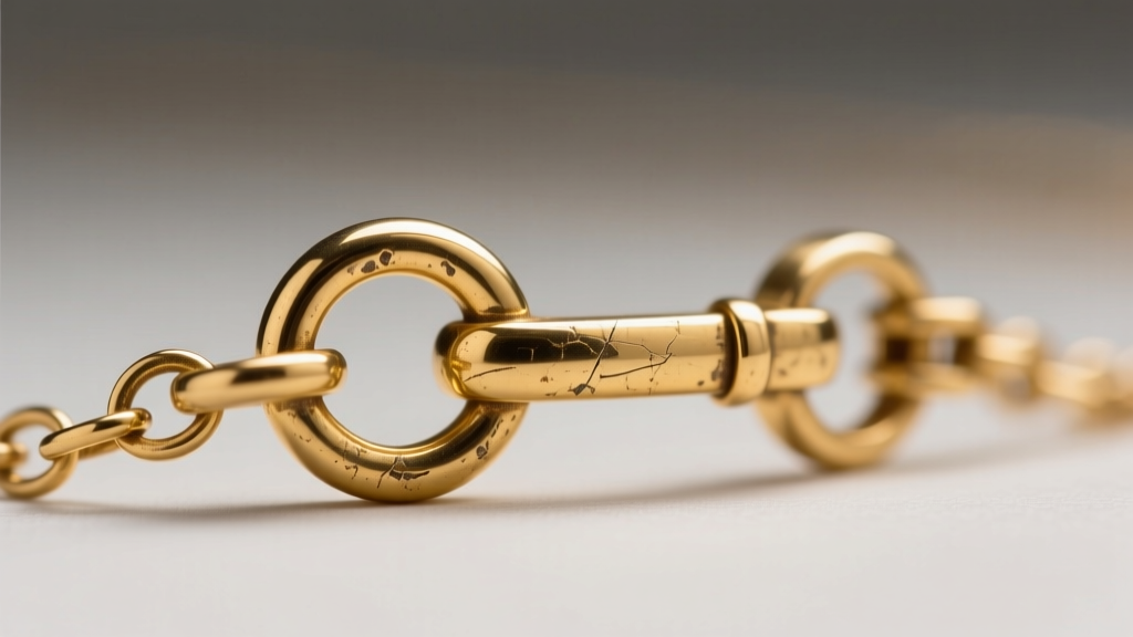 Macro photography of a vintage 14k gold necklace spring ring clasp and tiny soldered jump ring, highlighting the patina and wear patterns