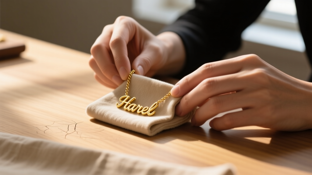 Close-up of hands polishing a gold plated name necklace with a soft cloth on a wooden desk, revealing the restored gold finish.