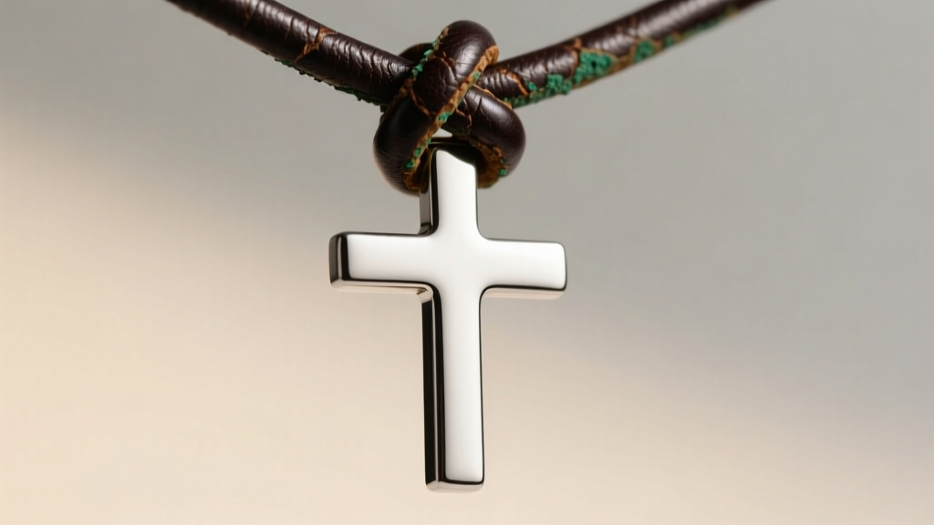 Macro shot of a silver cross on a leather cord tied with a sliding knot, showing faint green oxidation staining the dark leather.