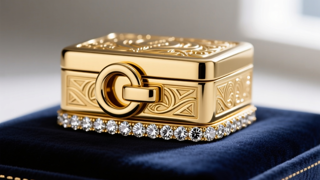 Detailed view of an 18k yellow gold box clasp with a figure-8 safety catch, attached to bezel-set diamonds on a dark velvet pad.
