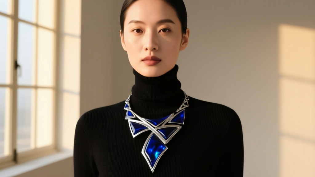 Woman wearing asymmetrical indigo resin and silver Yamamoto blue necklace with high-necked black wool turtleneck.