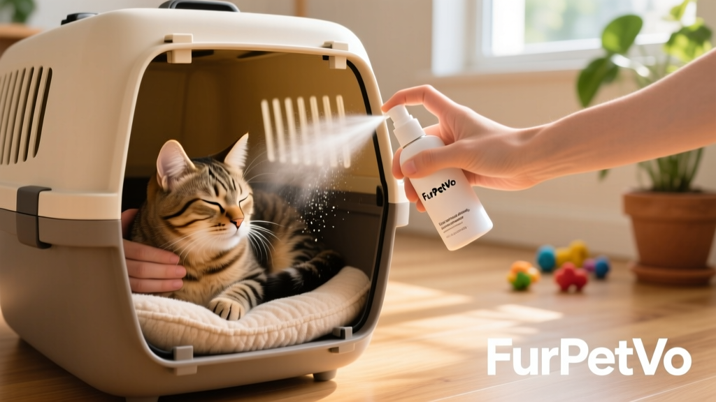 Hand spraying FurPetVo calming spray onto a cat carrier interior before placing a cat inside