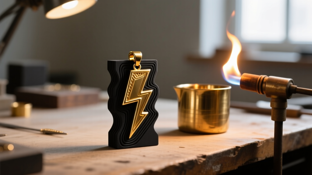 Jeweler bench with a 3D printed wax model of a lightning bolt pendant next to a casting flask and torch, illuminated by warm light