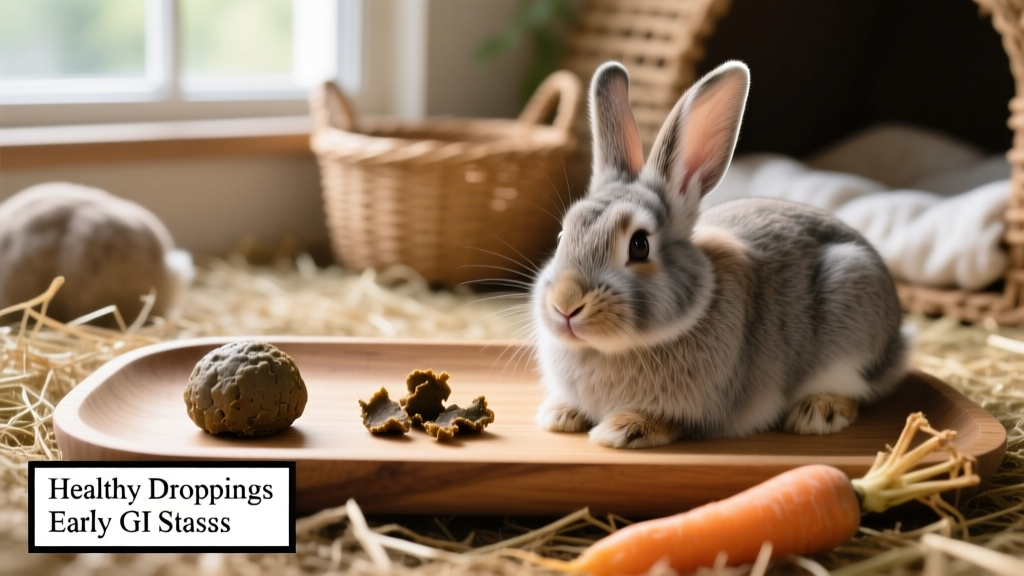 Side-by-side comparison of healthy rabbit droppings and reduced output during early GI stasis