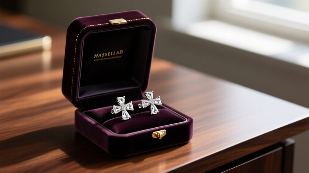 Open velvet presentation box revealing a pair of diamond cross earrings in 18k white gold, resting on a dark mahogany desk