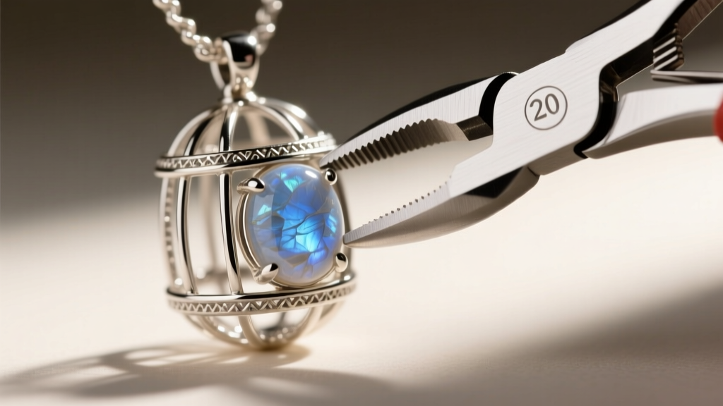 Macro shot of jewelry pliers bending a 20-gauge sterling silver prong over a tumbled moonstone inside a cage pendant setting.