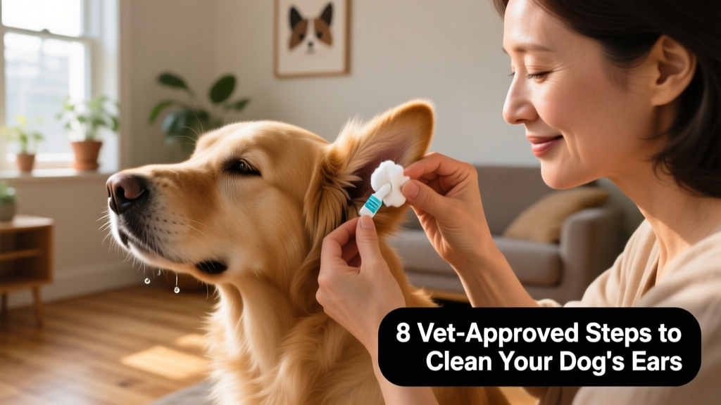 Dog owner holding cotton ball and ear-cleaning solution while gently lifting dog's ear flap