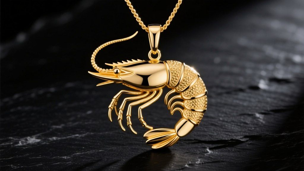 14k solid gold surrealist shrimp pendant on dark slate, highlighting textured antennae and segmented tail under soft studio lighting