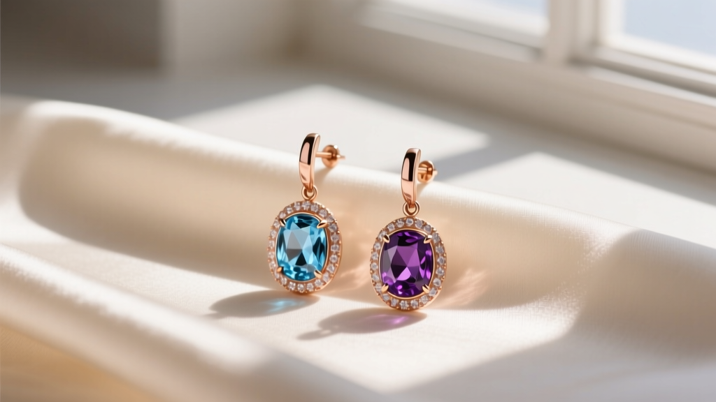 Elegant flat lay of 18k rose gold Pomellato Nudo drop earrings with London blue topaz and amethyst resting on cream silk fabric