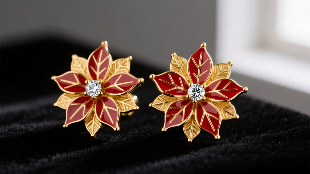 Close-up of 14k yellow gold poinsettia earrings with vibrant red vitreous enamel petals and a diamond center on dark velvet.