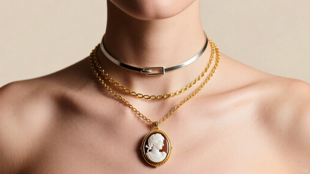 Model wearing a layered stack with a central shell cameo pendant necklace on an 18-inch gold chain and a delicate 16-inch choker.