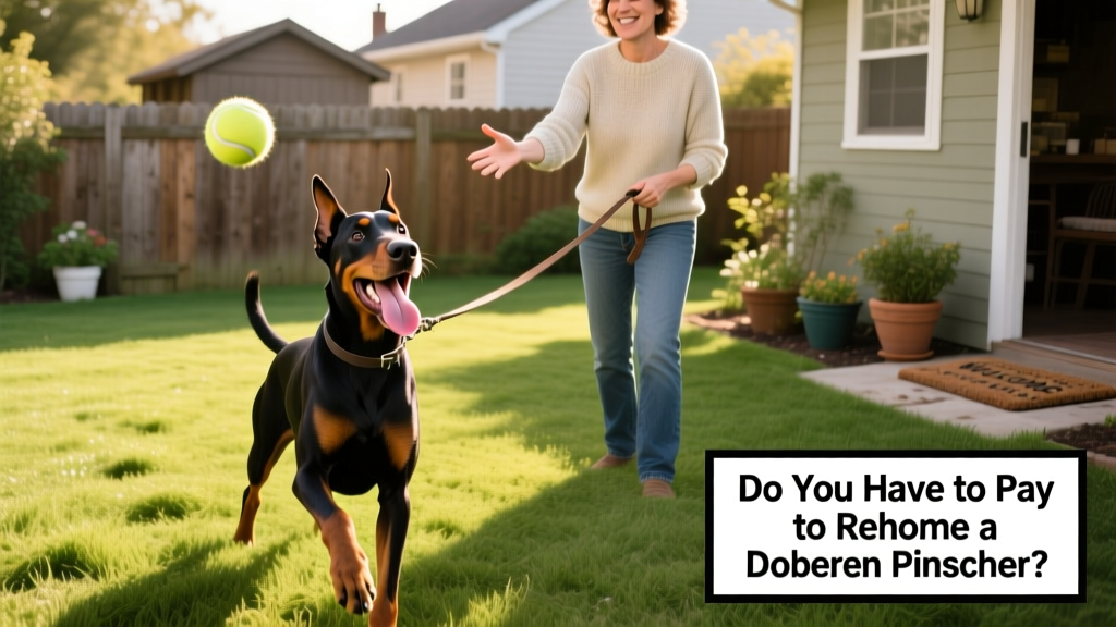 A happy Doberman Pinscher playing fetch in a fenced green yard with a caring adult nearby