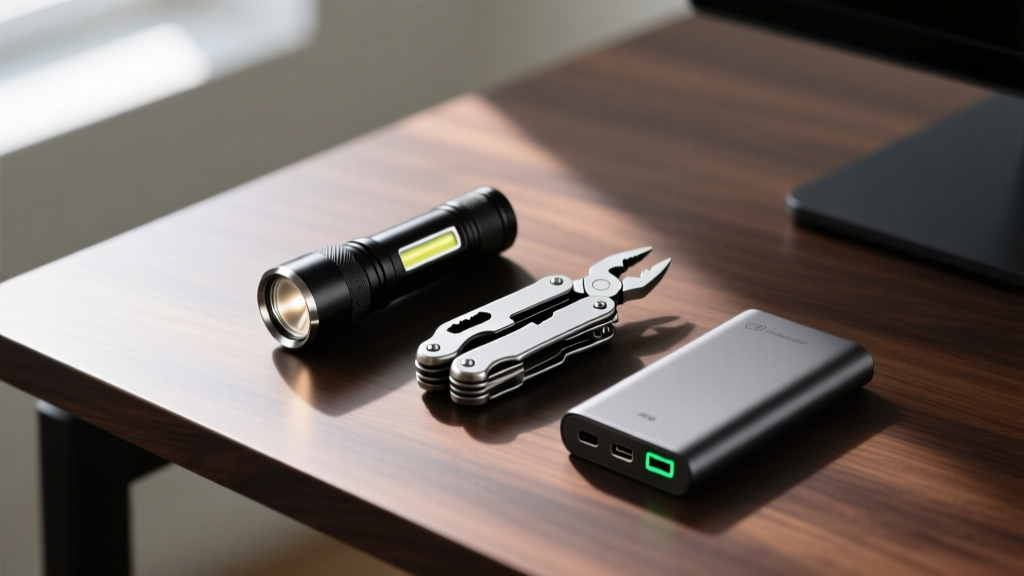 Flat lay of a modern everyday carry setup on a dark wooden desk, featuring a compact flashlight, multi-tool, and power bank.