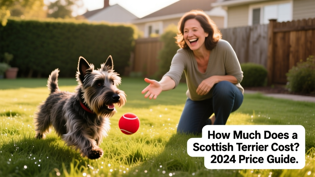A happy, healthy adult Scottish Terrier playing fetch in a grassy backyard with its owner