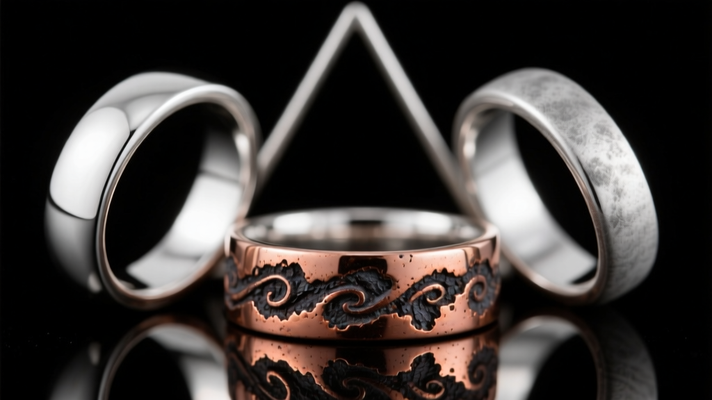 Macro view of three silver rings showing varying oxidation, highlighting dark copper tarnish on a French 800 purity silver band.