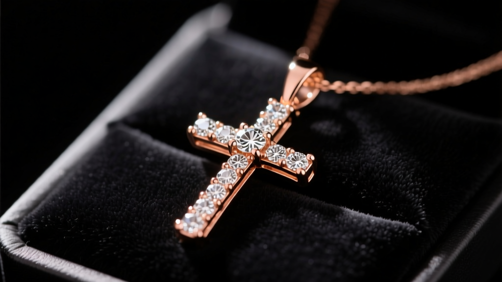 Close-up of a delicate 14K rose gold diamond cross pendant resting on a dark velvet jewelry display pad under warm spotlighting.