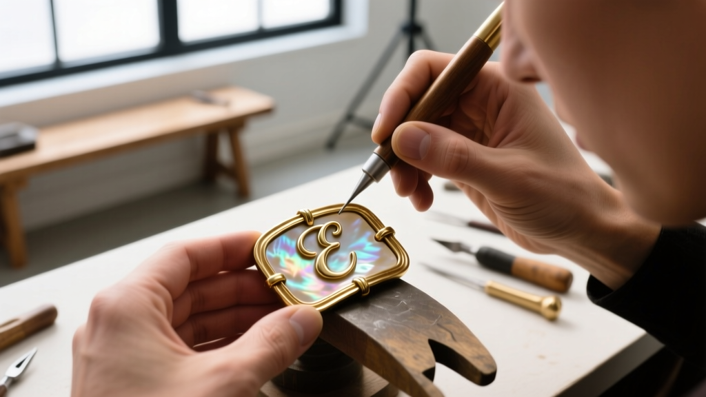Top-down view of a jeweler applying two-part epoxy to secure a loose mother-of-pearl initial insert inside a brass buckle frame.