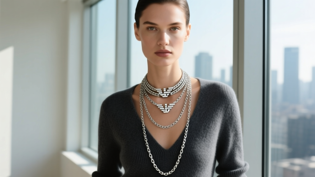 Model wearing a layered 16-inch and 18-inch Armani silver necklace set over a deep V-neck cashmere sweater, natural window light.