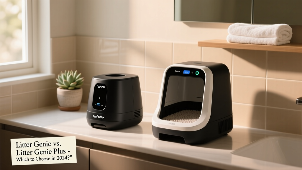 Side-by-side comparison of FurPetVo Litter Genie and FurPetVo Litter Genie Plus units on a bathroom counter