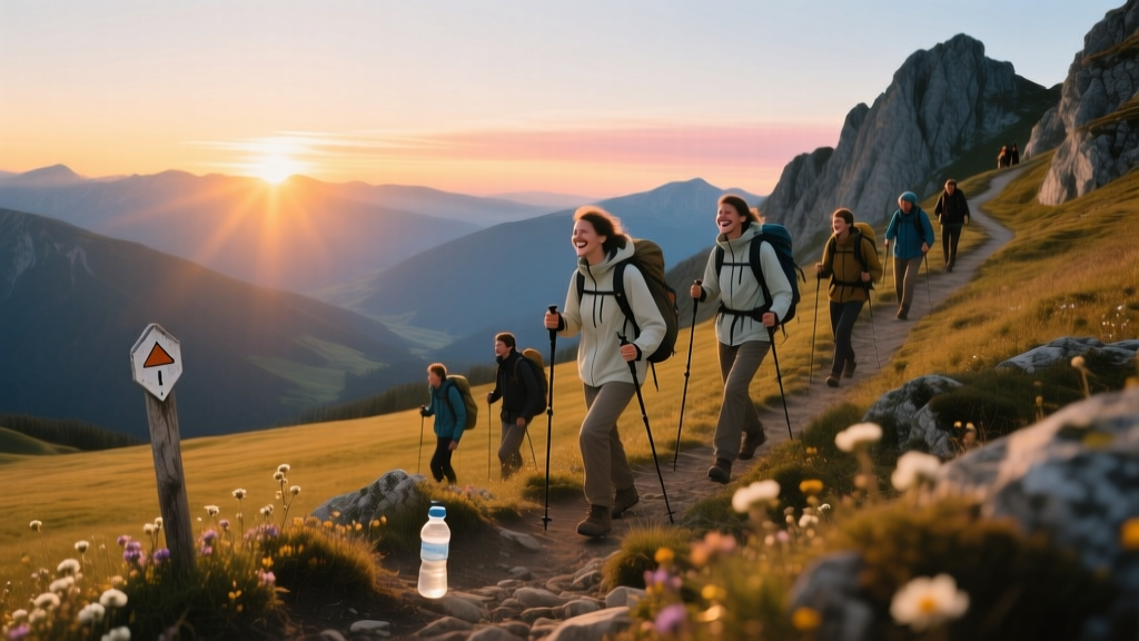 A group of travelers climbing a mountain during a bright sunset
