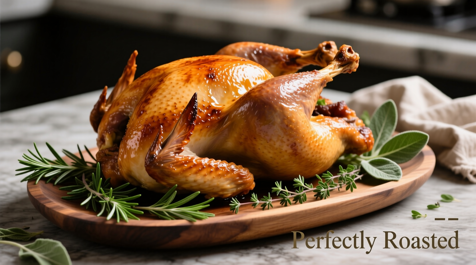 Perfectly roasted golden brown turkey on a platter with herbs