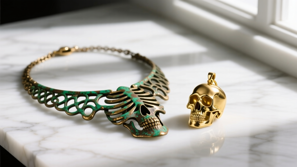 Tarnished brass skeleton necklace with green verdigris beside a polished solid 14k gold skull pendant on a white marble surface.