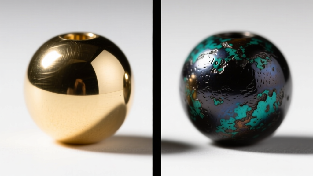Split-view of brass beads: left side bright polished C28000 alloy, right side showing dark liver-of-sulfur antiqued patina.