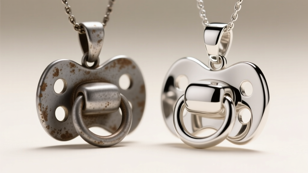 Macro shot comparing a dull zinc alloy pacifier pendant with a polished 925 sterling silver version under bright studio lighting