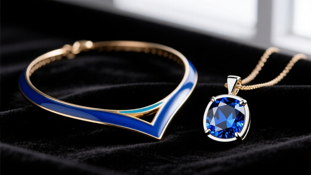 Macro shot comparing a brass enamel Dodger blue necklace and a 14k white gold pendant with a faceted blue sapphire on dark velvet.