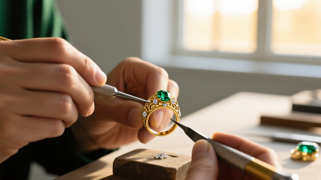 Jeweler's hands using a metal scribe on a black novaculite touchstone to test an 18k yellow gold chain under bright bench lighting.