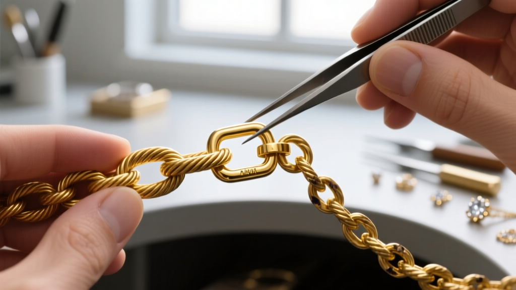 Close-up of a jeweler using precision tweezers to attach a heavy-duty 14k gold lobster clasp to a thick cable chain link