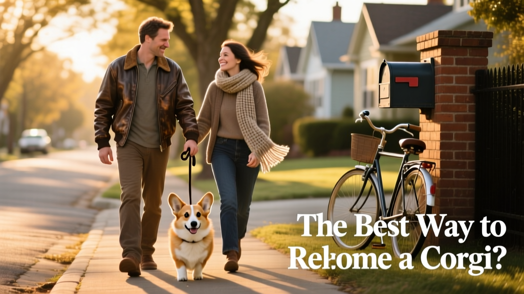Two people gently walking a Corgi together on a quiet neighborhood street