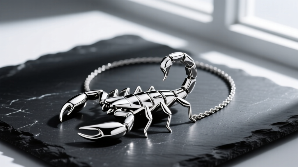 Modern 316L surgical stainless steel scorpion stinger necklace polished to a mirror finish, resting on a dark slate background.