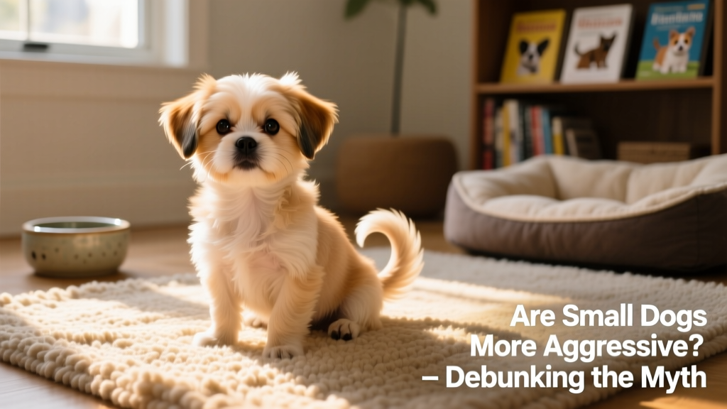 A curious small dog (like a Shih Tzu or Pomeranian) sitting calmly on a sunlit rug, ears perked and tail gently curled