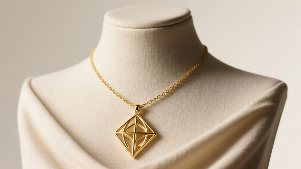 Gold vermeil lai necklace on a linen bust, highlighting a fluid architectural pendant under soft, directional studio lighting.