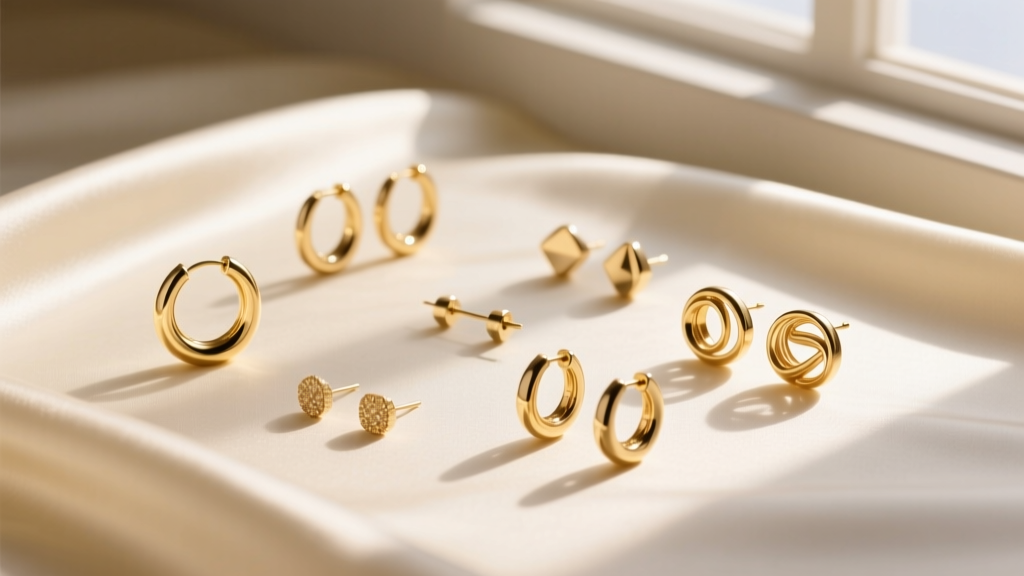 Flat lay of 14k and 18k golden earrings including huggies and studs on cream silk background with soft morning light