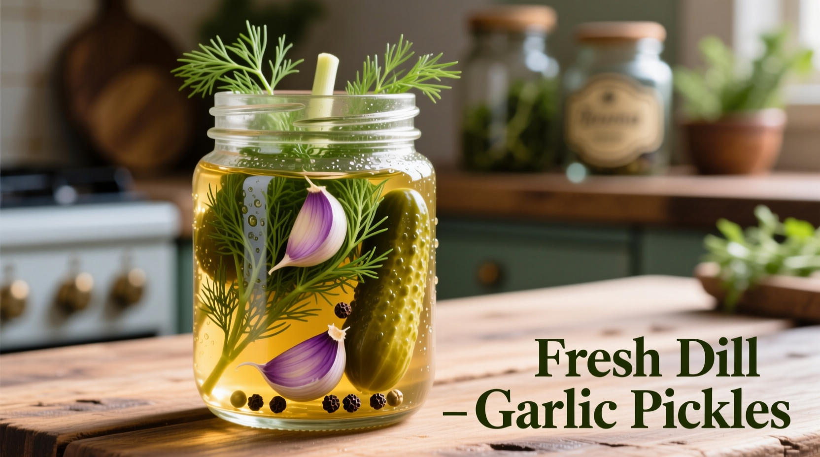 Fresh dill garlic pickles in mason jar with herbs