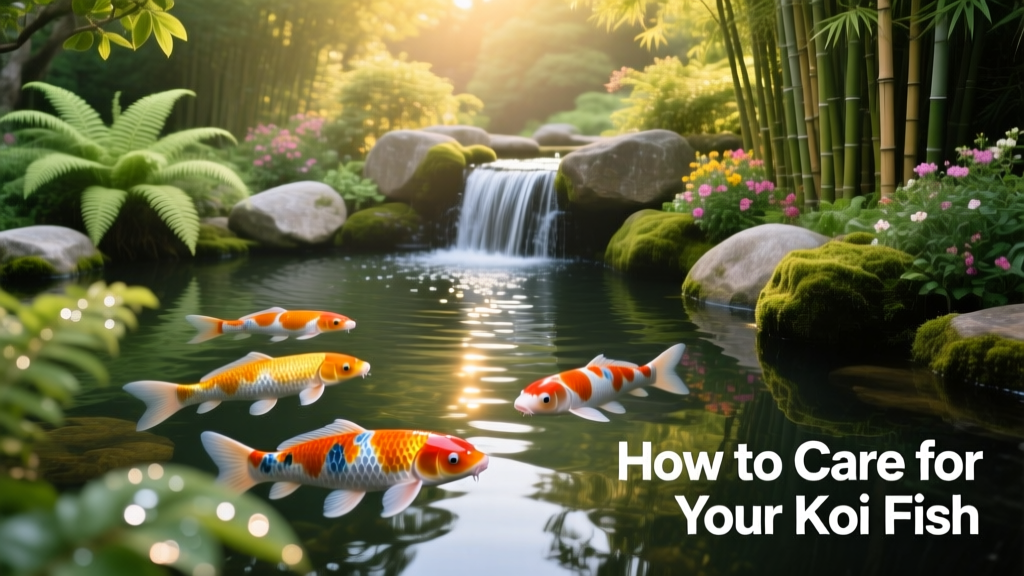 A well-maintained koi pond with clear water, visible fish, a waterfall feature, and lush surrounding landscaping