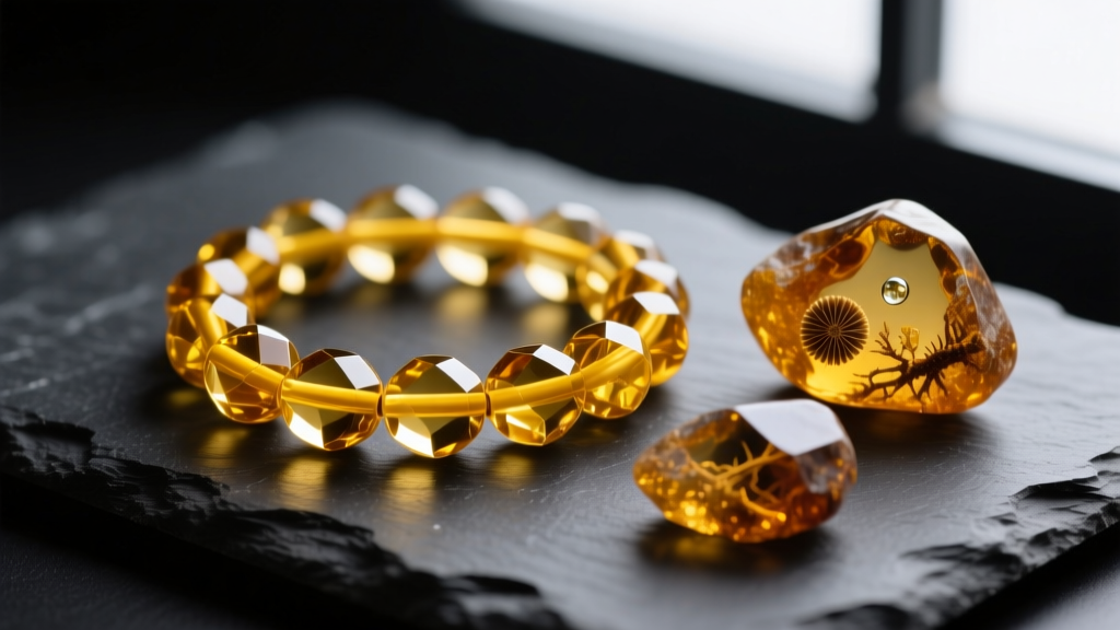 Macro shot of polished yellow citrine beads and raw amber on dark slate, highlighting natural inclusions and vibrant colors.