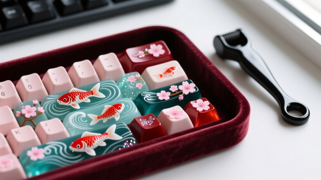 Collection of Japanese artisan resin keycaps featuring koi fish and sakura blossoms displayed on a velvet tray next to a keyboard puller