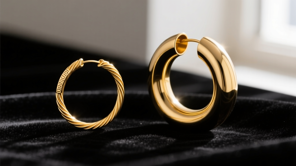 Macro jewelry photography comparing a delicate 20-gauge gold wire hoop next to a chunky 12-gauge hollow tube gold hoop on velvet