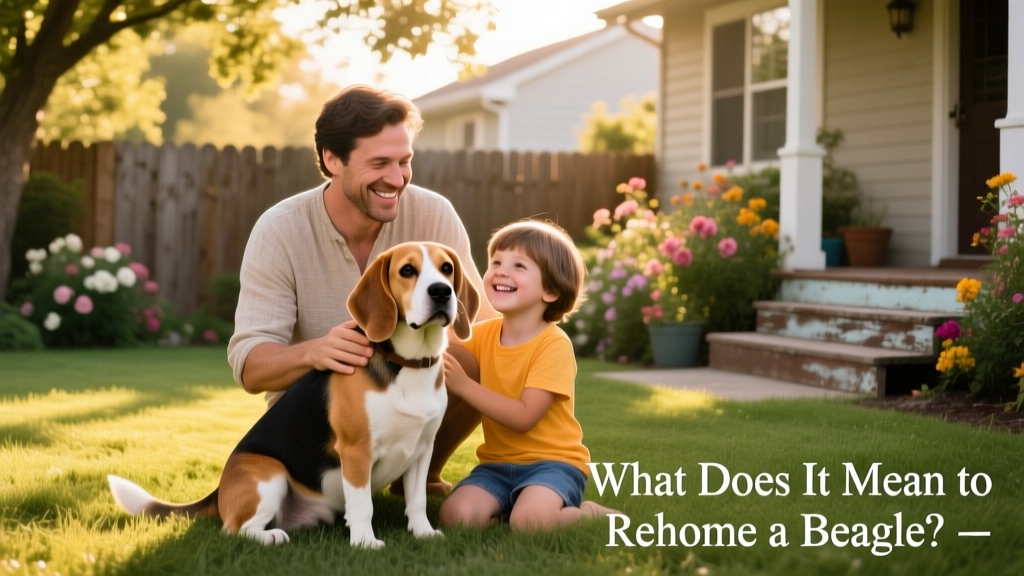 A calm, friendly Beagle sitting beside a smiling adult and child in a sunlit backyard