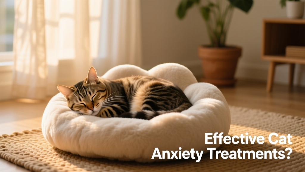A content cat curled up asleep on a cozy cat bed with soft lighting