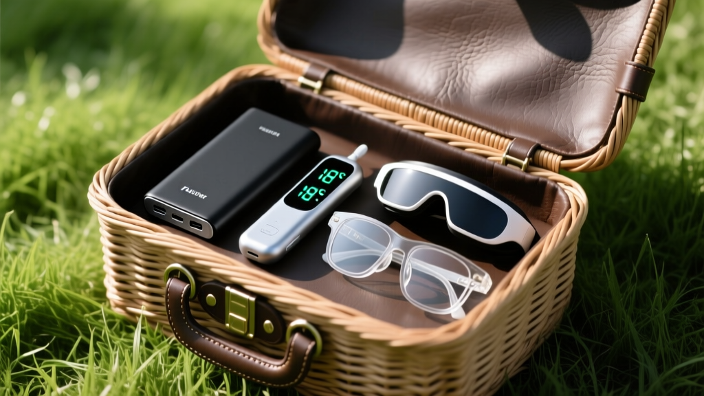 Power bank, smart wine thermometer, and AR glasses packed inside a leather outdoor picnic basket resting on bright green grass